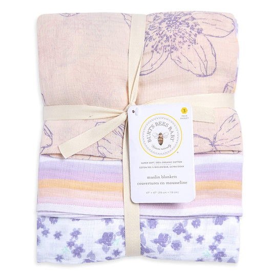 Burt's Bees Baby Organic Baby 3-pack Muslin Swaddle Blankets (Blackberry Flowers)