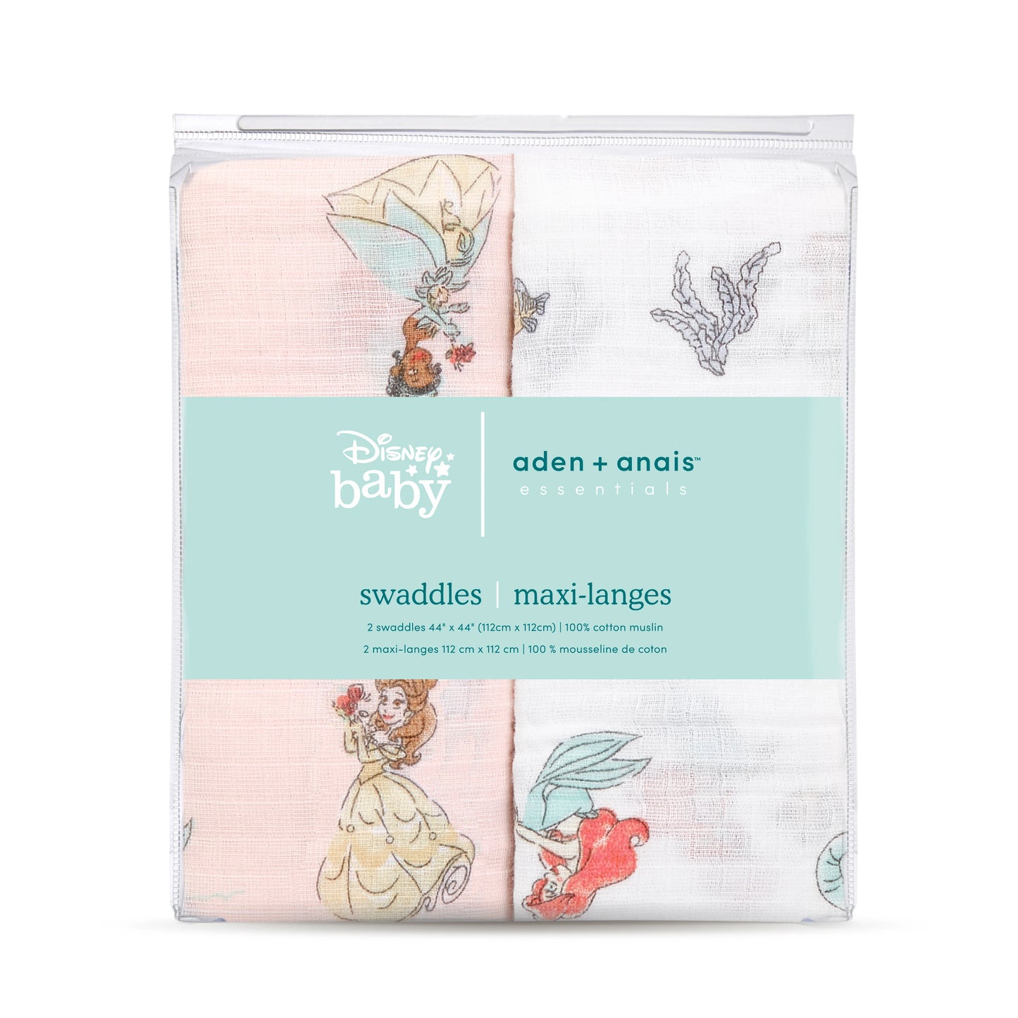 Aden + Anais Essentials Disney Princess 100% Muslin Cotton Swaddle Blanket,  Female, 2 Pack 