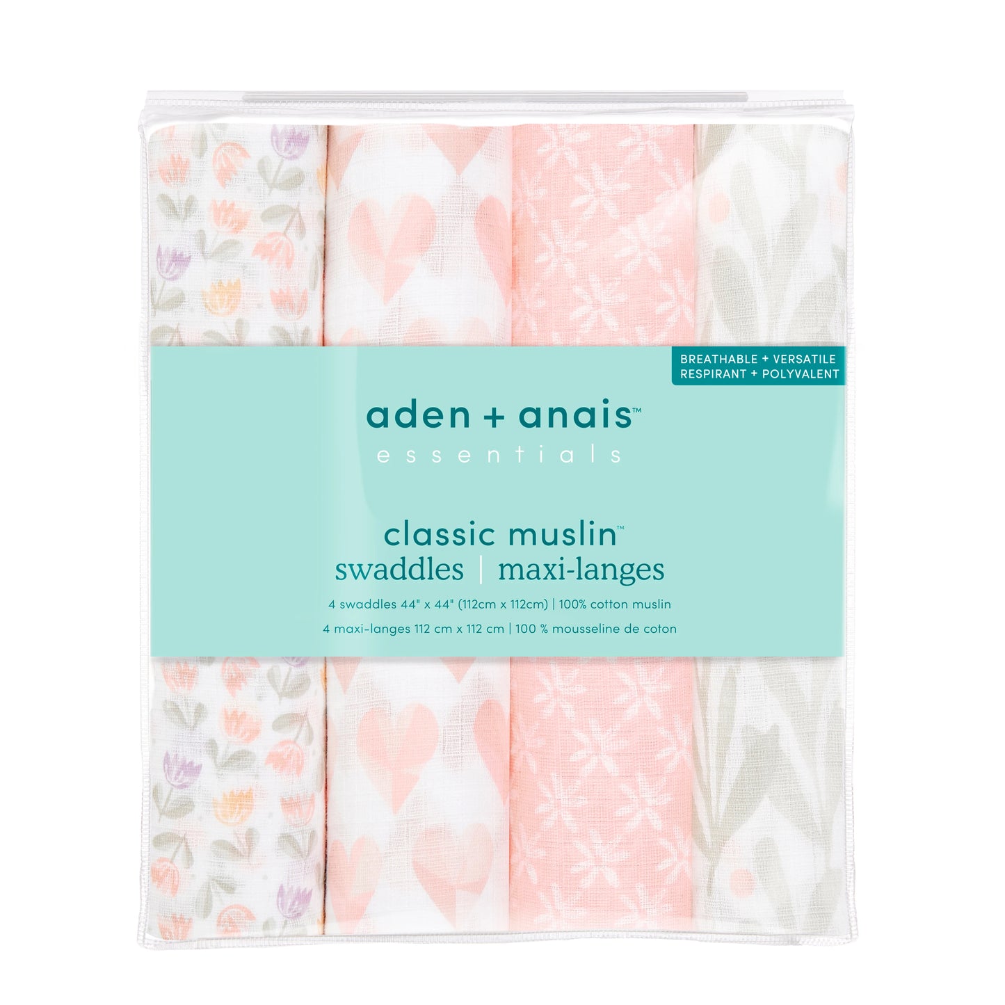 4-pack Essentials Cotton Muslin Swaddle Blanket (Piece of my Heart)