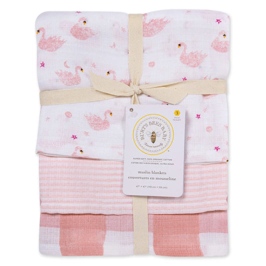 Burts Bees Baby Organic Baby 3-pack Muslin Swaddle Blankets (Graceful Swans)