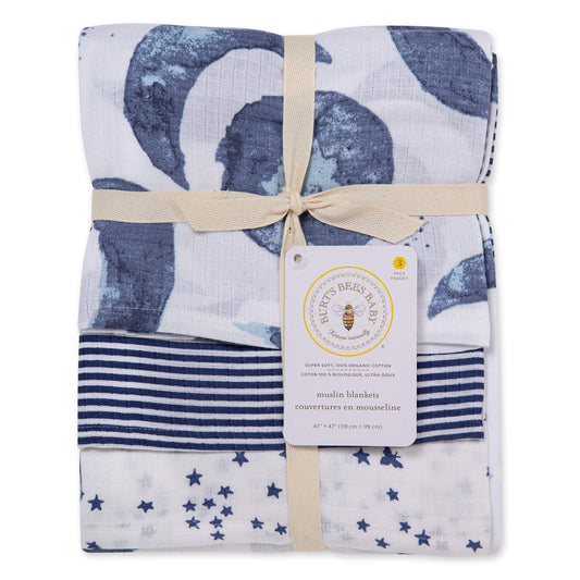 Burts Bees Baby Organic Baby 3-pack Muslin Swaddle Blankets (Hello Moon)