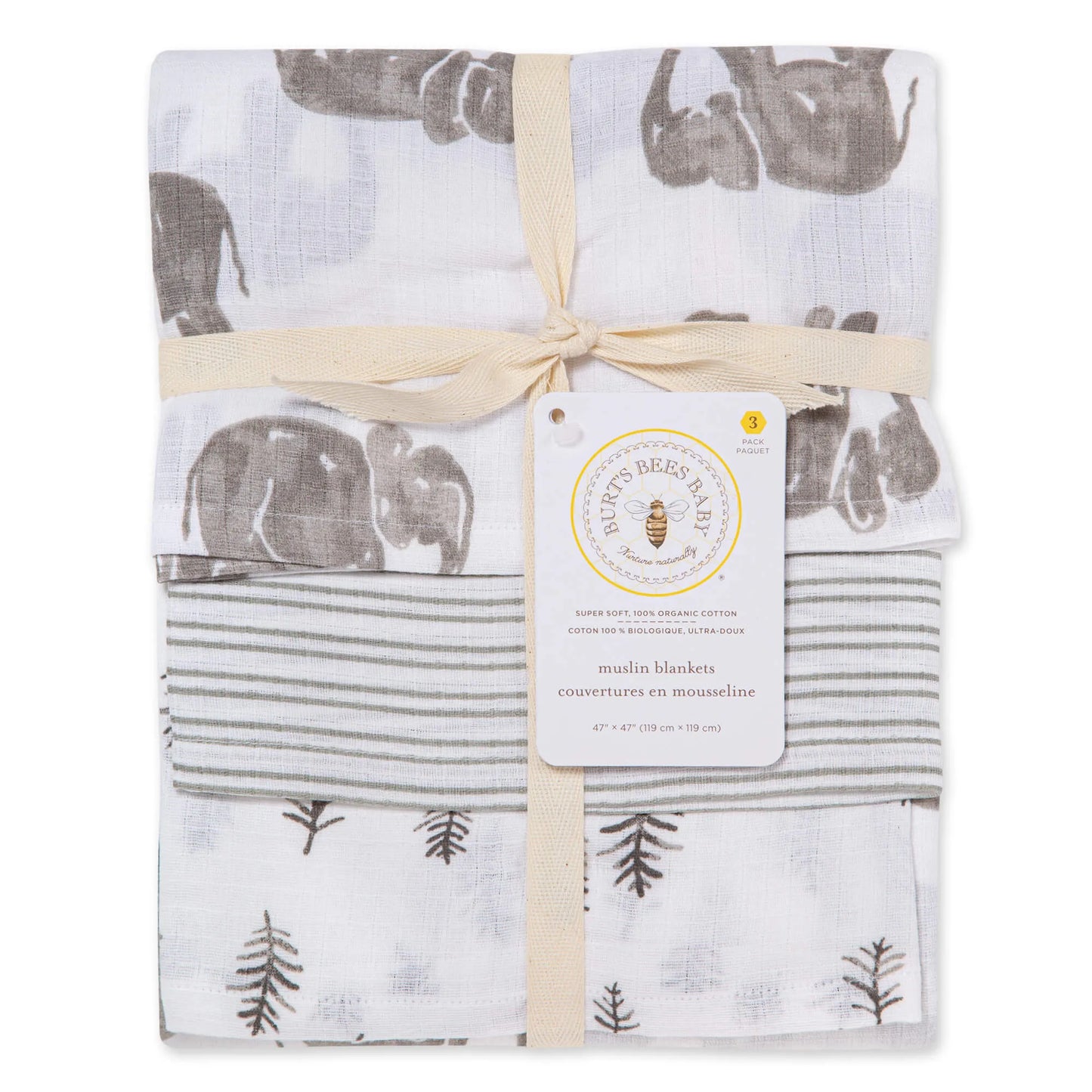 Burts Bees Baby Organic Baby 3-pack Muslin Swaddle Blankets (Wandering Elephants)