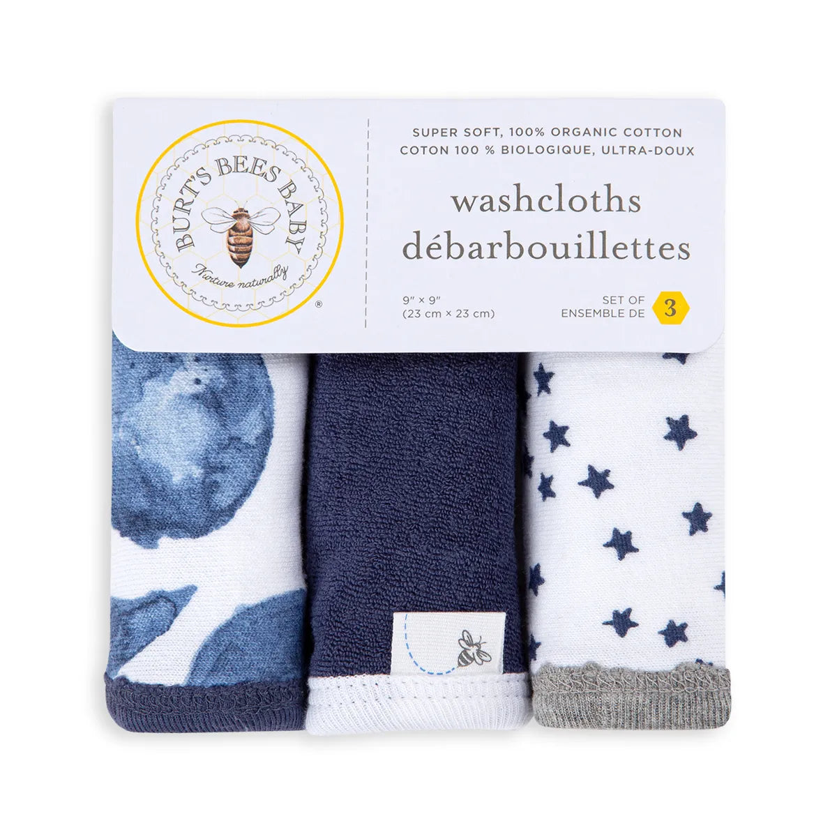 Burts Bees Baby Organic Cotton Wash Cloths 3-pack (Hello Moon)