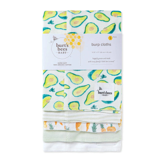 Burts Bees Baby Organic Burp Cloths 5-pack (Carrots & Avocados)